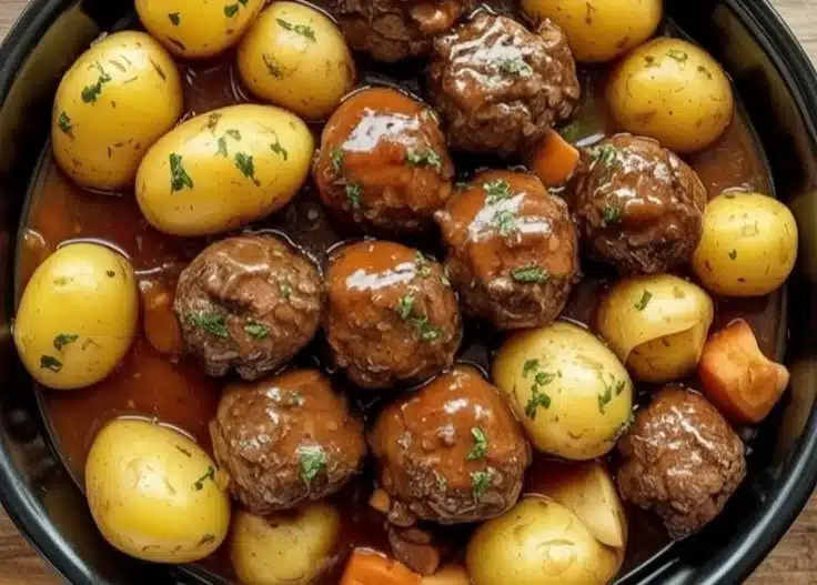 Delicious slow cooker garlic butter beef bites served in a bowl