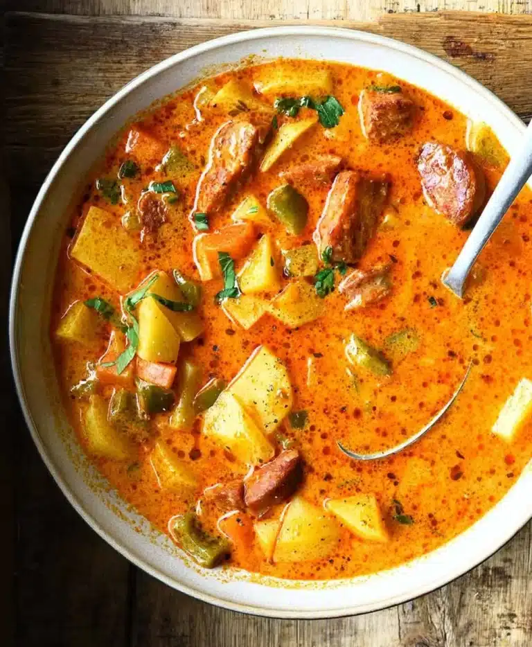 Bowl of Spanish-style potato soup with chorizo garnished with parsley.