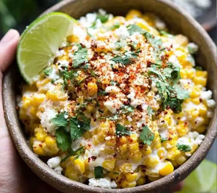 Delicious spicy Mexican street corn served with toppings