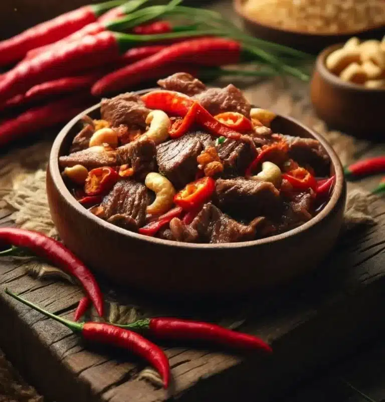 Delicious Thai Beef Chili with Cashew Nut Fusion served in a bowl