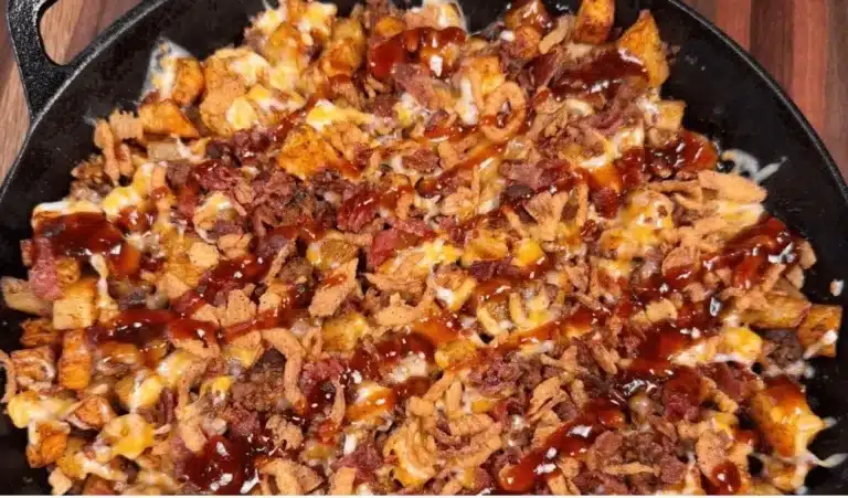 BBQ cheeseburger potato skillet served in a cast-iron pan.