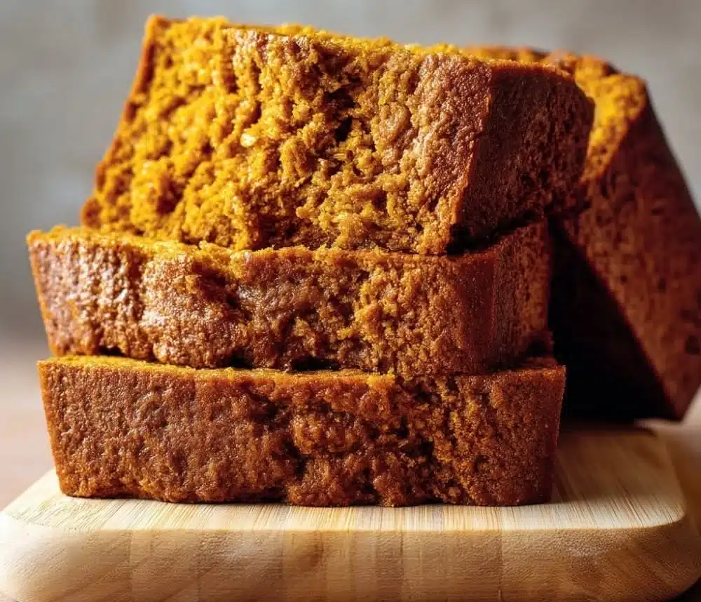 Moist pumpkin bread sliced and ready to serve, topped with pumpkin seeds.