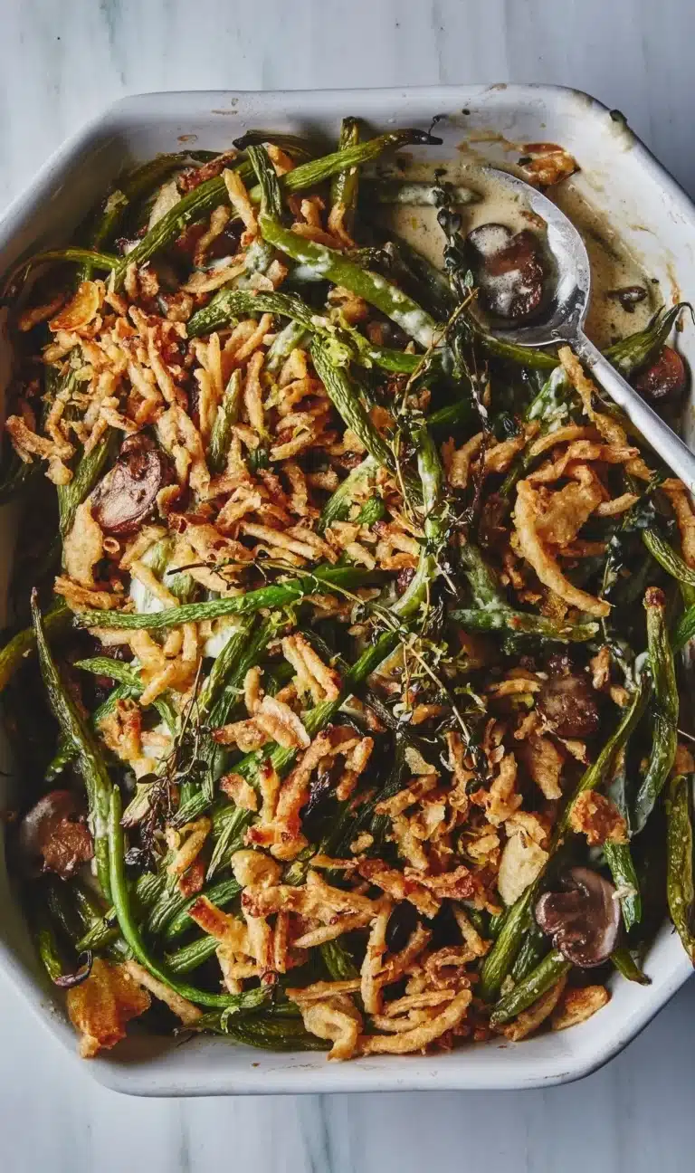 Delicious green bean casserole with fresh mushrooms served in a festive dish