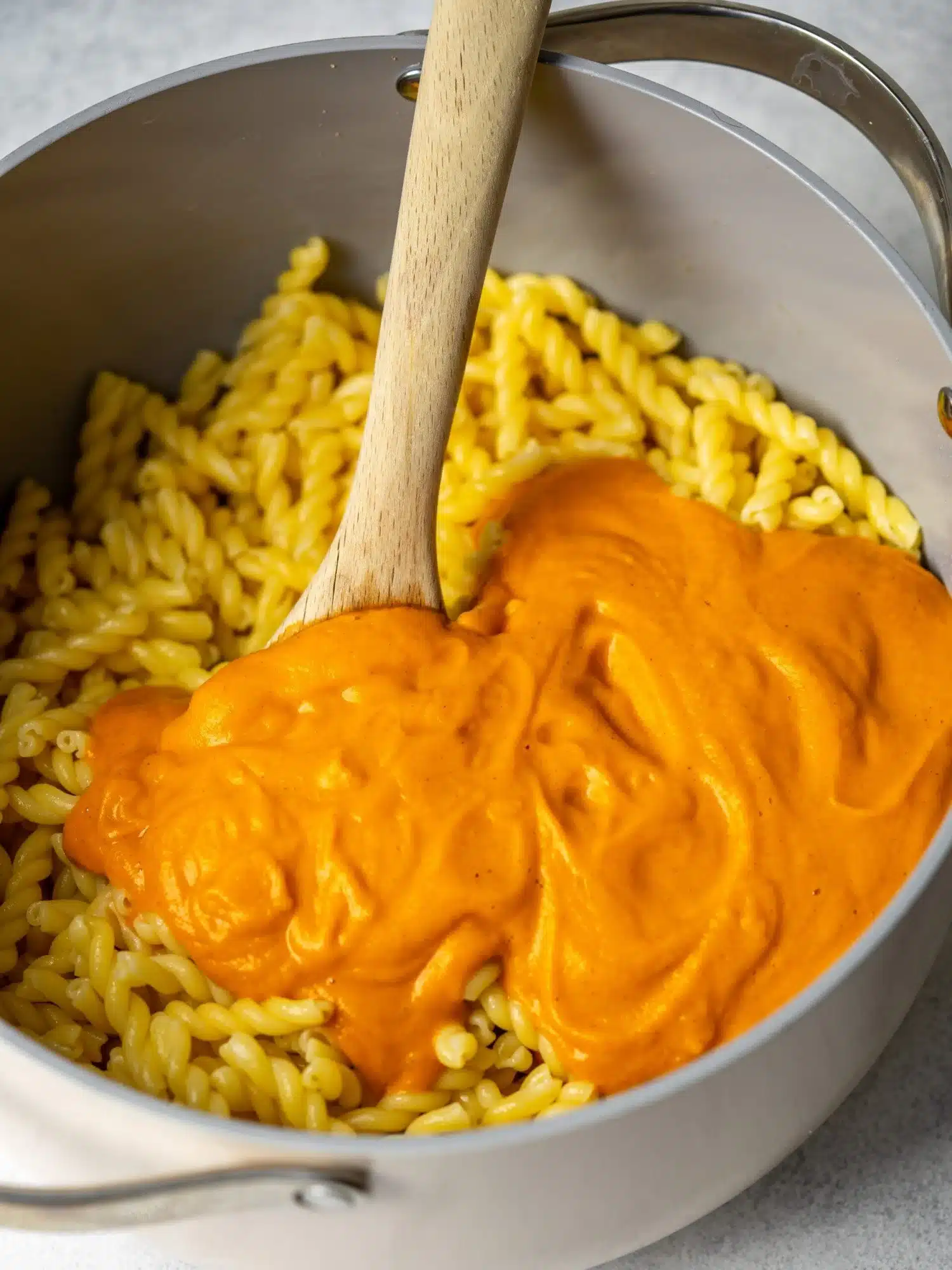 Creamy butternut squash pasta sauce served over spaghetti