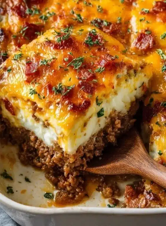 Cheesy meatloaf served with creamy mashed potatoes on a dining plate.