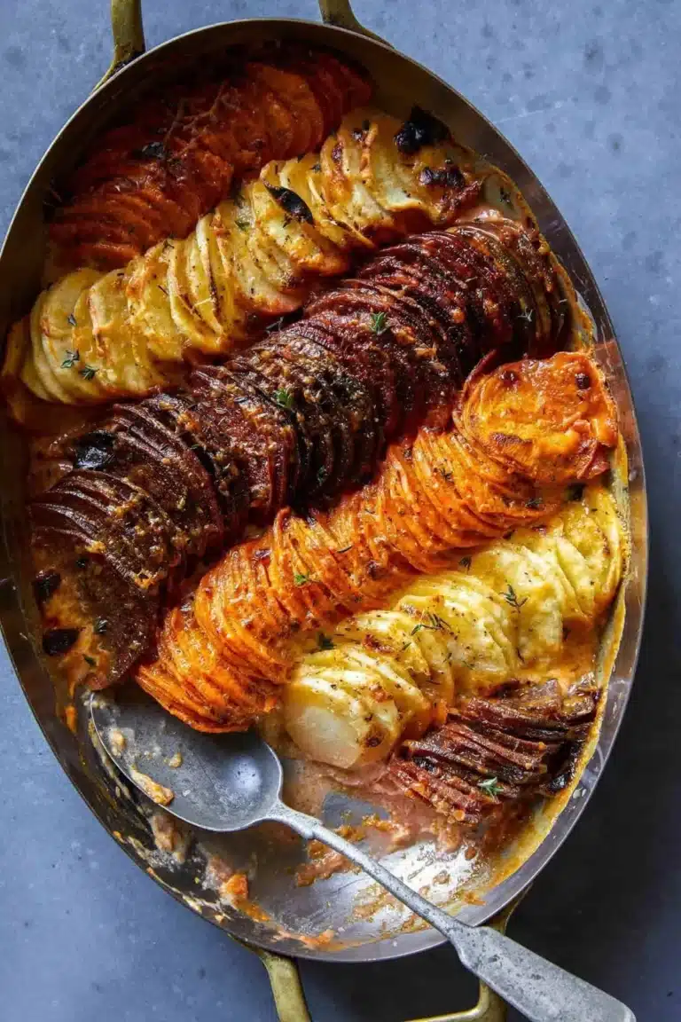 Cheesy Root Vegetable Gratin with layers of root vegetables and melted cheese