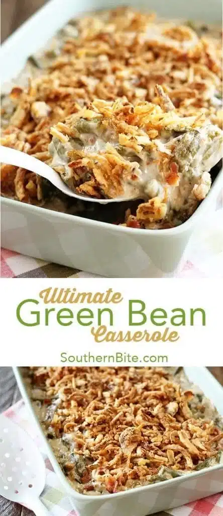 Delicious classic green bean casserole topped with crispy onions