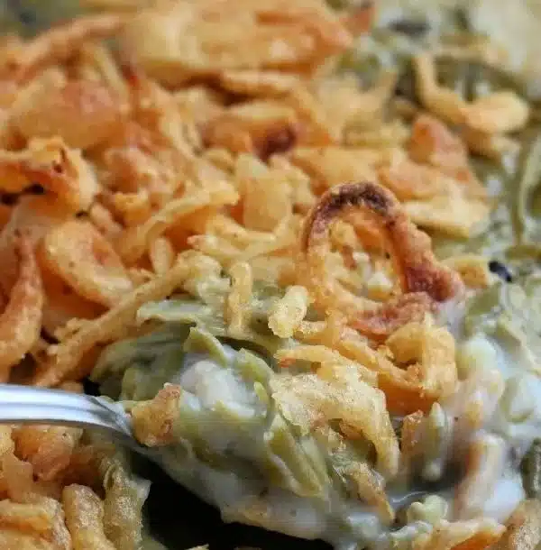 Delicious classic green bean casserole served in a baking dish for Thanksgiving