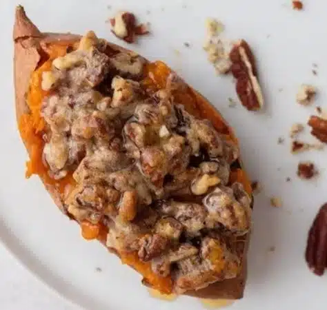 Crispy pecan pie twice-baked sweet potatoes with creamy maple center