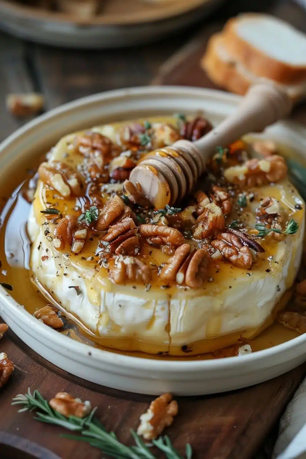 Delicious baked brie topped with honey and nuts, served on a wooden platter.