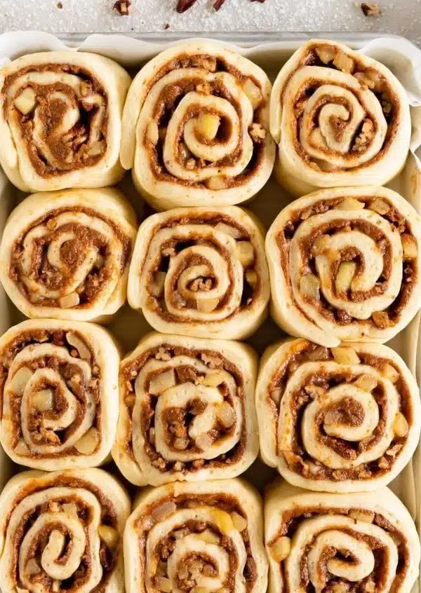 Freshly baked easy apple cinnamon rolls topped with icing