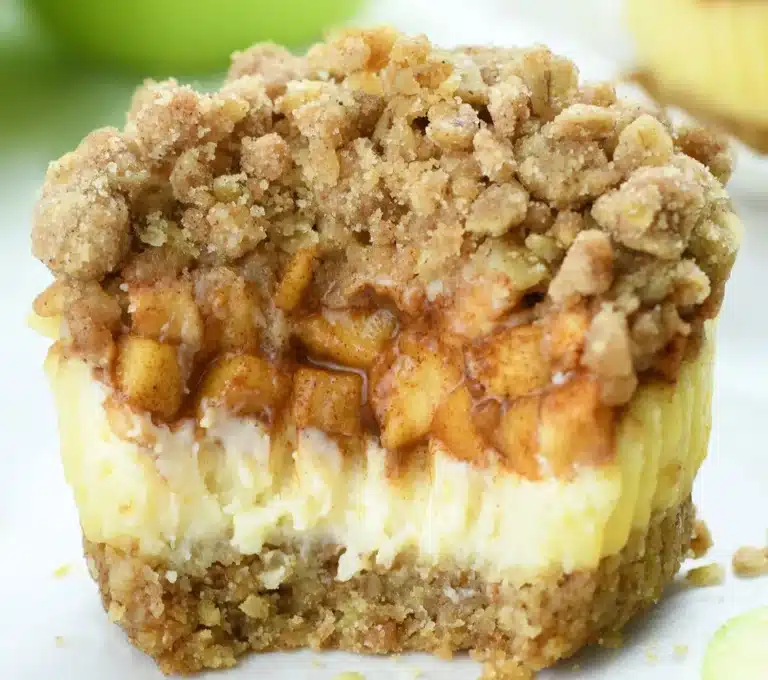 Easy apple crisp mini cheesecakes with crunchy topping and creamy filling