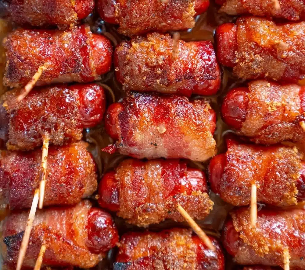 Plate of Easy Brown Sugar Bacon Little Smokies appetizer with sweet glaze