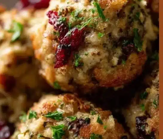 Delicious easy cranberry turkey stuffing balls served on a festive plate