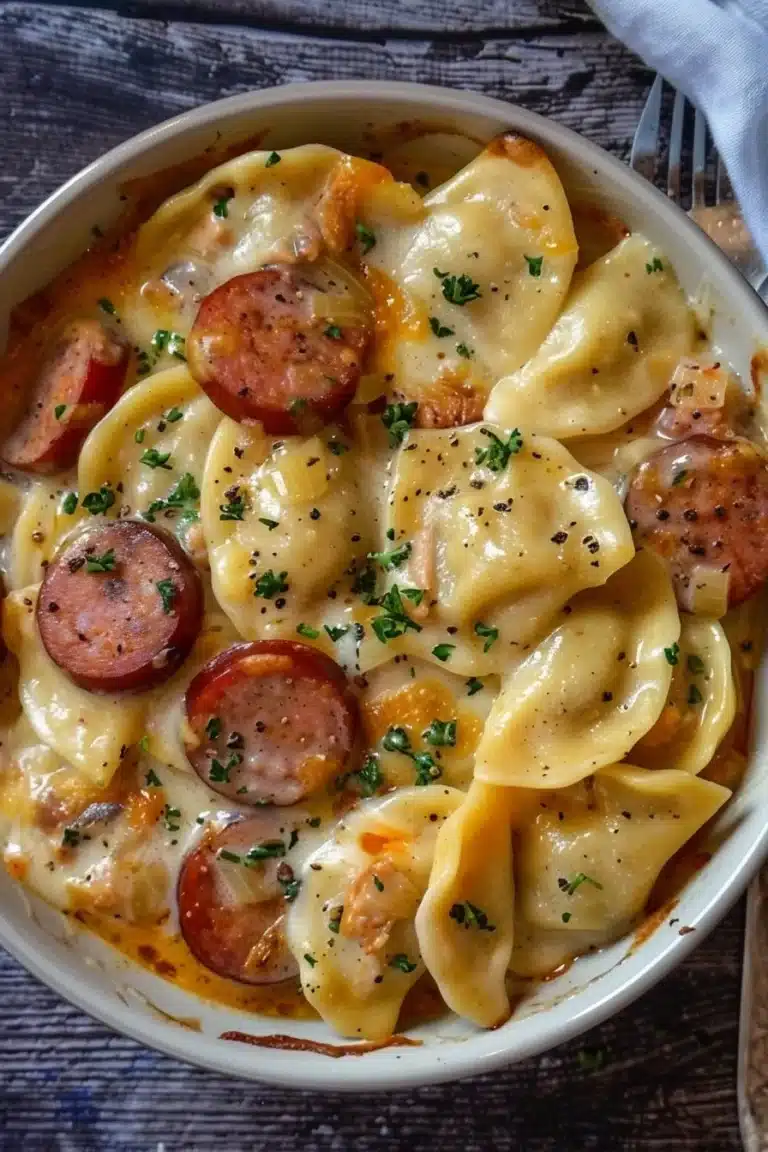 Easy Crockpot Pierogi Casserole with Kielbasa served in a bowl