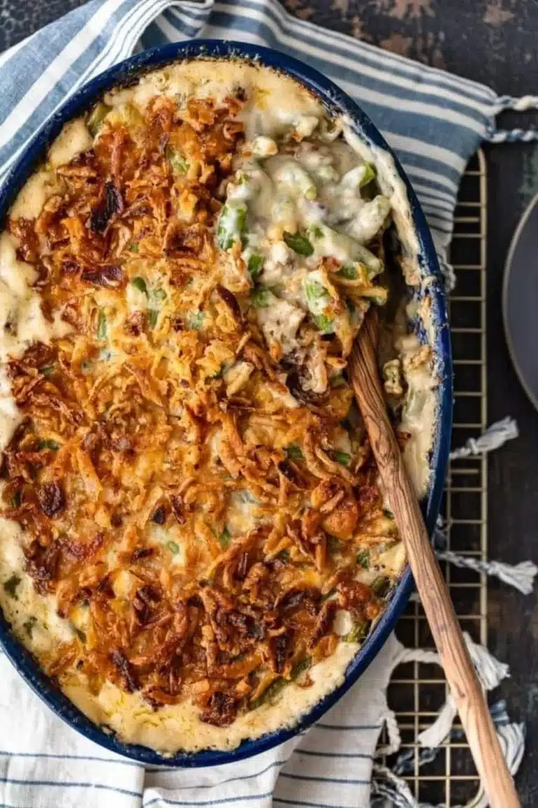 Delicious homemade green bean casserole served in a baking dish