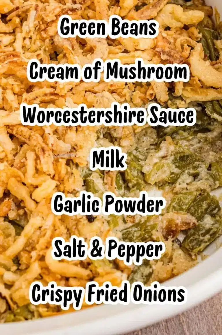Delicious green bean casserole made with canned beans and crunchy topping