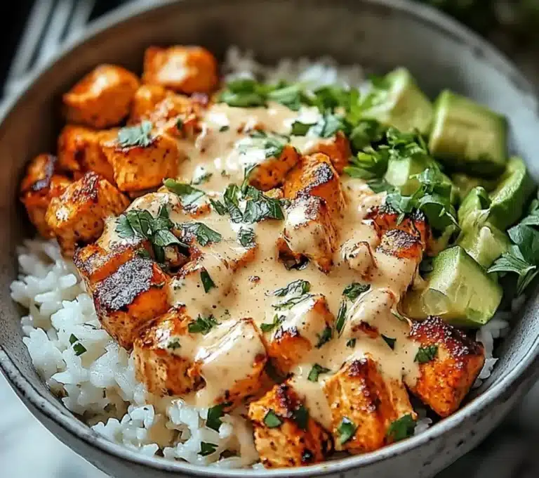 Plate of easy Hawaiian chicken served with coconut rice garnished with herbs