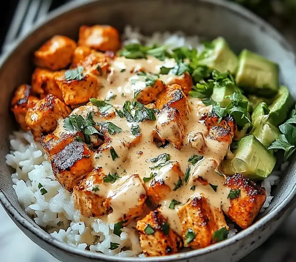 Plate of easy Hawaiian chicken served with coconut rice garnished with herbs