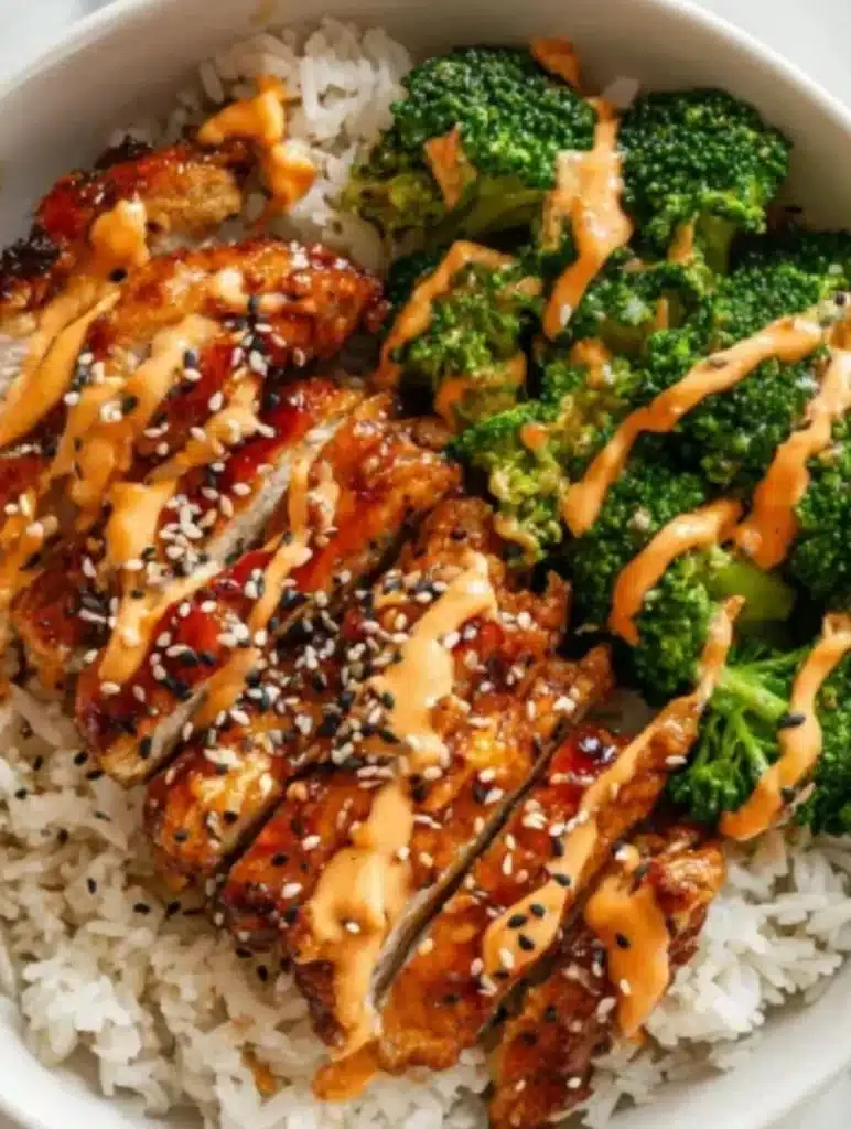 Delicious healthy sticky chicken bowls with vegetables and rice