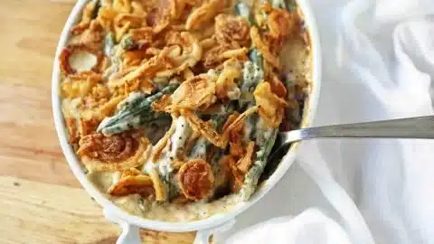 Easy homemade green bean casserole topped with crispy onions and baked to perfection.