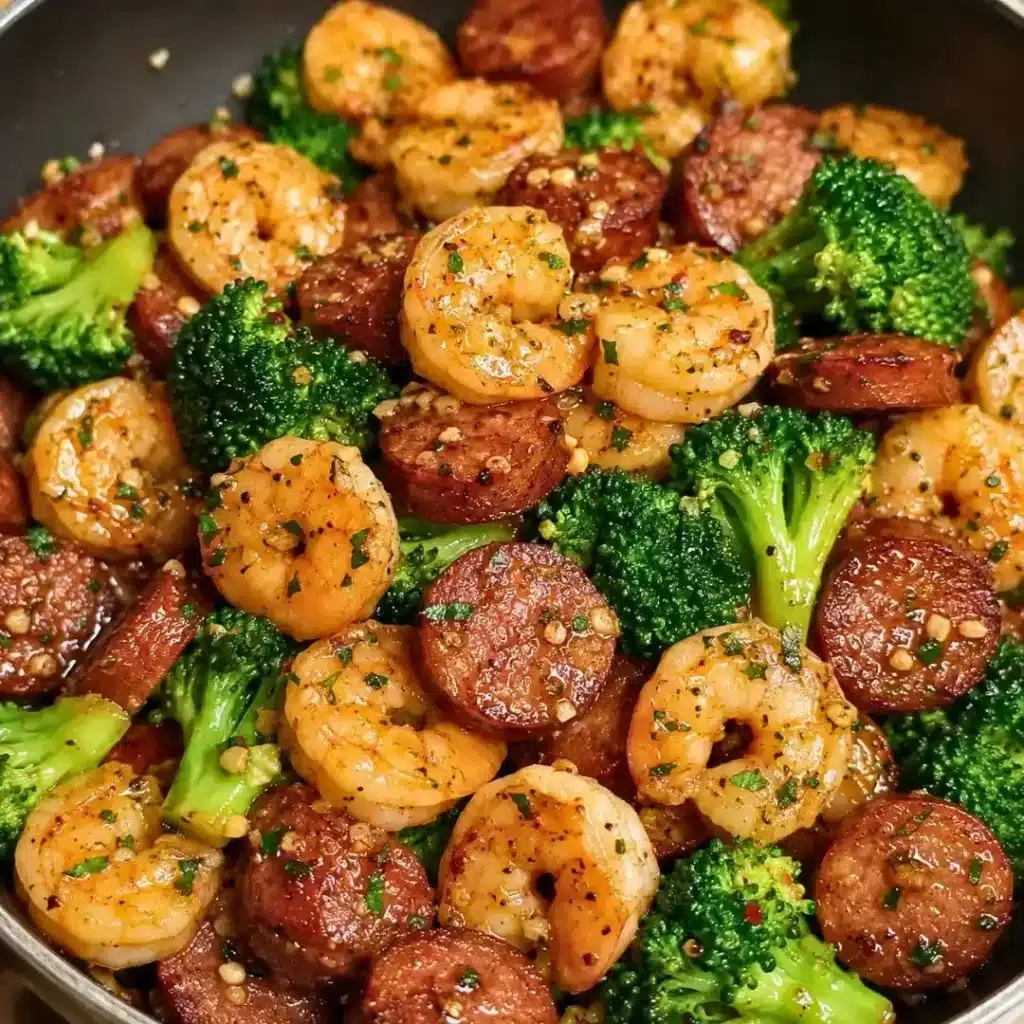 Easy honey garlic shrimp with chicken sausage and broccoli, a healthy dinner option