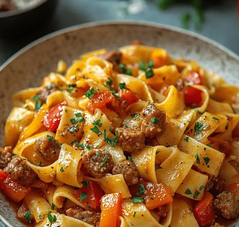 Delicious Italian Drunken Noodles garnished with fresh herbs.