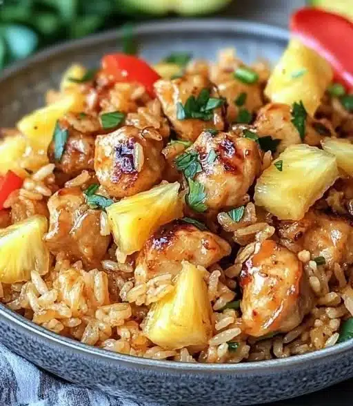Easy pineapple chicken and rice dish served in a bowl with fresh pineapple slices