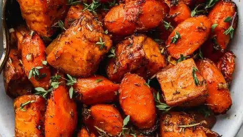 Delicious roasted sweet potatoes and carrots baked to perfection