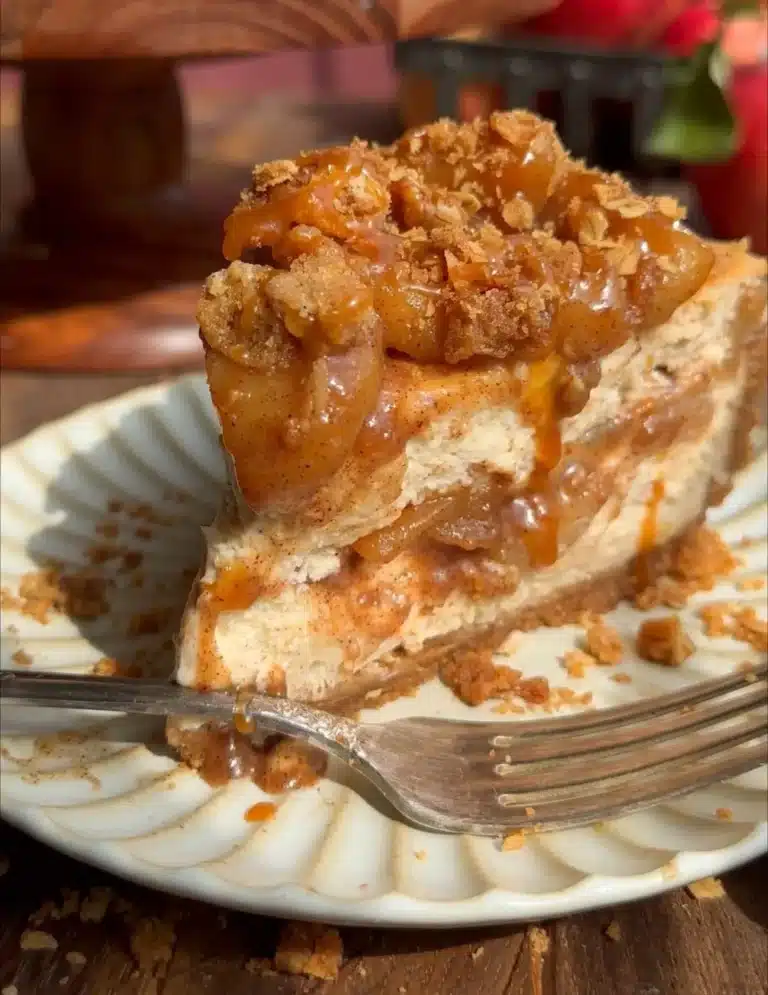 Delicious easy salted caramel apple pie cheesecake slice topped with caramel drizzle
