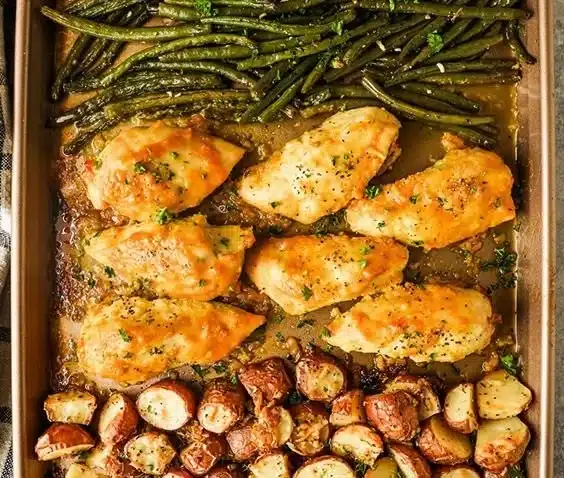 Easy sheet pan honey mustard chicken recipe on a baking tray