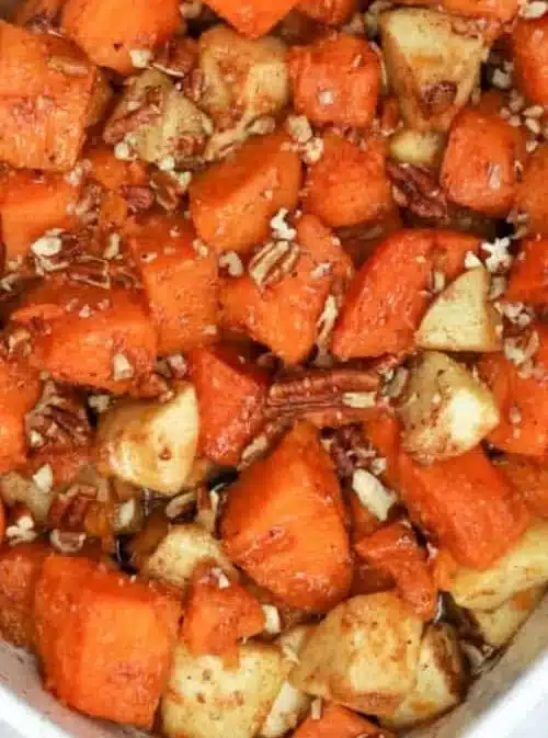 A delicious sweet potato and apple casserole dish ready to be served.