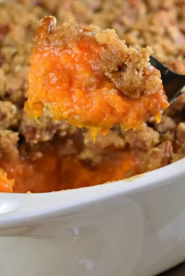 Delicious easy sweet potato casserole topped with marshmallows and pecans