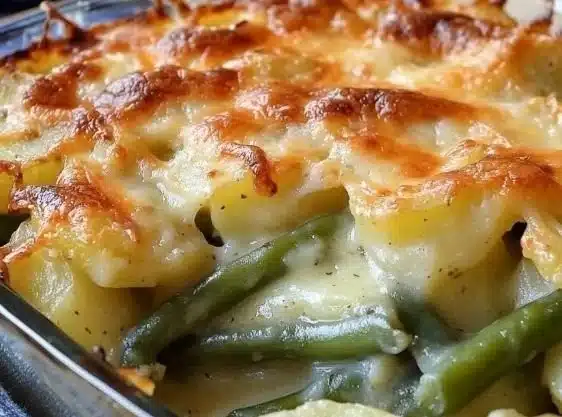 Delicious green bean casserole with potatoes baked to perfection.