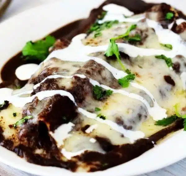 Delicious enfrijoladas served with a rich black bean sauce.