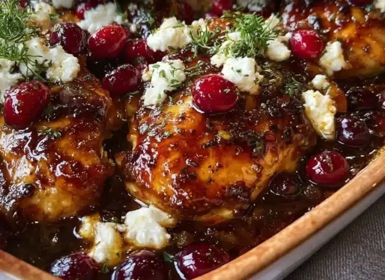 Feta-Topped Honey-Cranberry Chicken Bake served on a plate