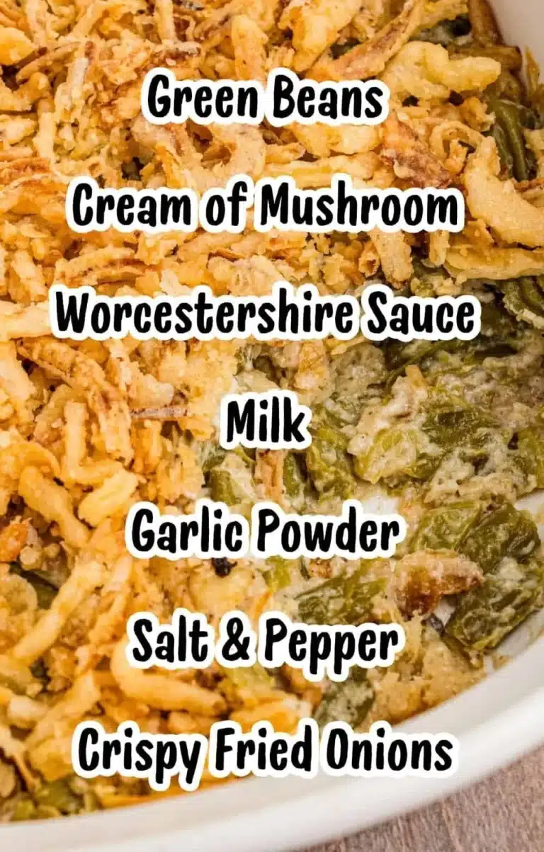 Delicious green bean casserole dish topped with crispy fried onions