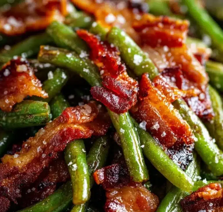 Fresh green bean casserole topped with crispy onions and served in a baking dish.
