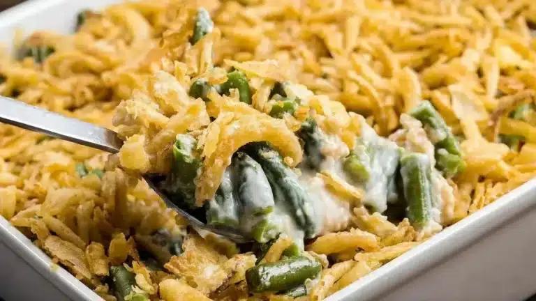 Delicious green bean casserole recipe with crispy toppings and rich flavors