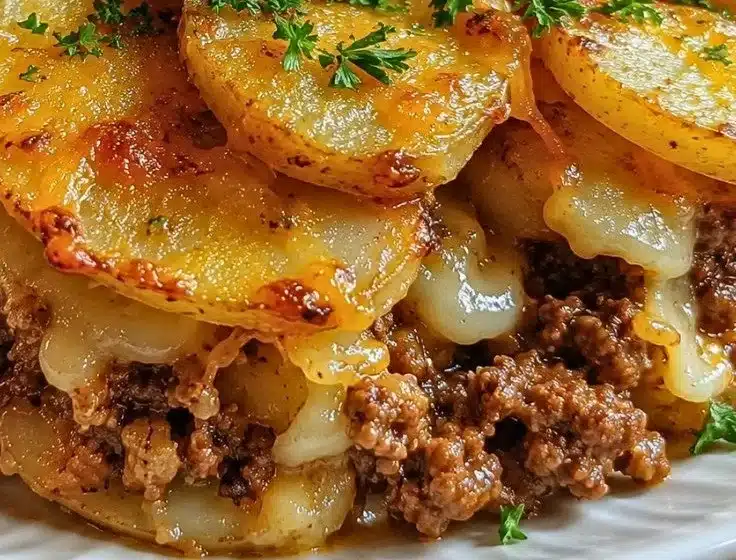 Healthy beef and potato bake garnished with herbs in a baking dish