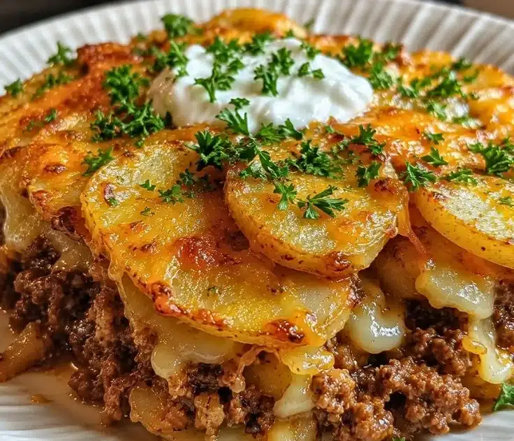 Healthy loaded beef and potato bake dish served on a family dinner table