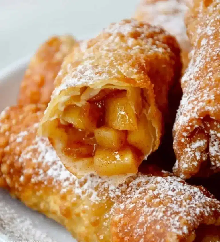 Delicious apple pie egg rolls served with caramel sauce