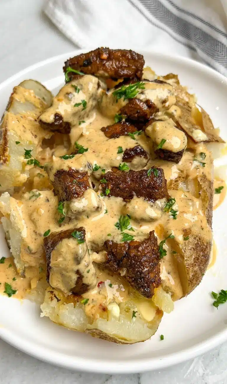 Loaded baked potato topped with steak bites and garnished with chives