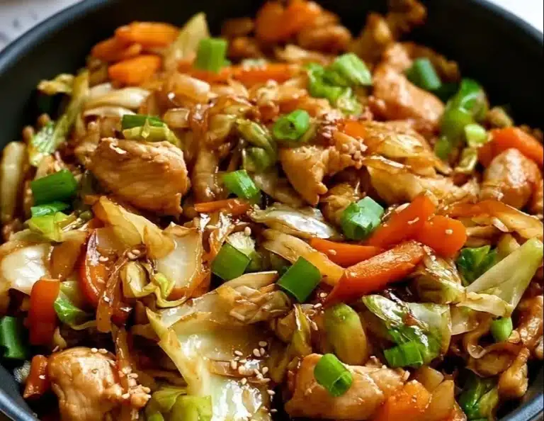 One pan chicken and cabbage skillet dish ready to serve, featuring vibrant vegetables.
