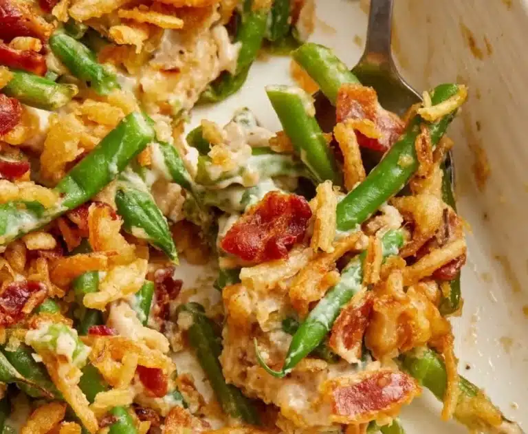 Delicious Parmesan Bacon Green Bean Casserole freshly baked in a dish