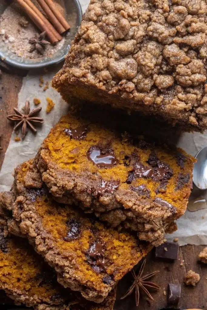 Loaf of Pumpkin Chocolate Chip Streusel Bread fresh out of the oven