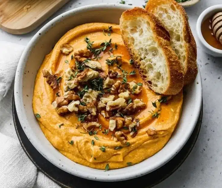 Simple Pumpkin Whipped Feta Dip served in a bowl with bread pieces