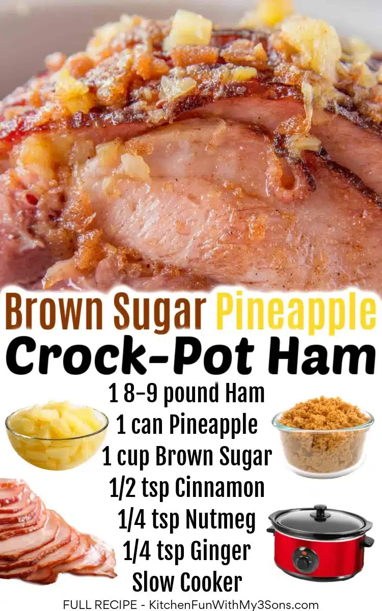 Slow Cooker Brown Sugar Pineapple Ham garnished with pineapple slices and brown sugar glaze.