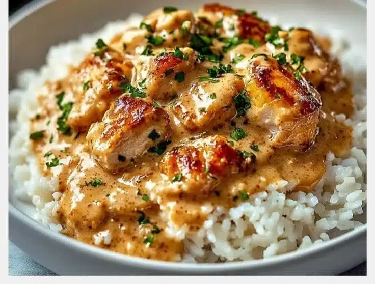 Delicious smothered chicken served over a bed of rice